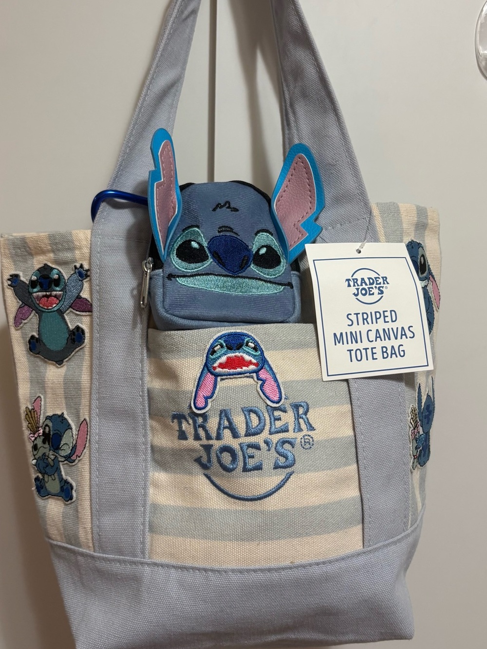 Trader Joe's Custom Striped Embroidered Stitch Patches Mini Tote